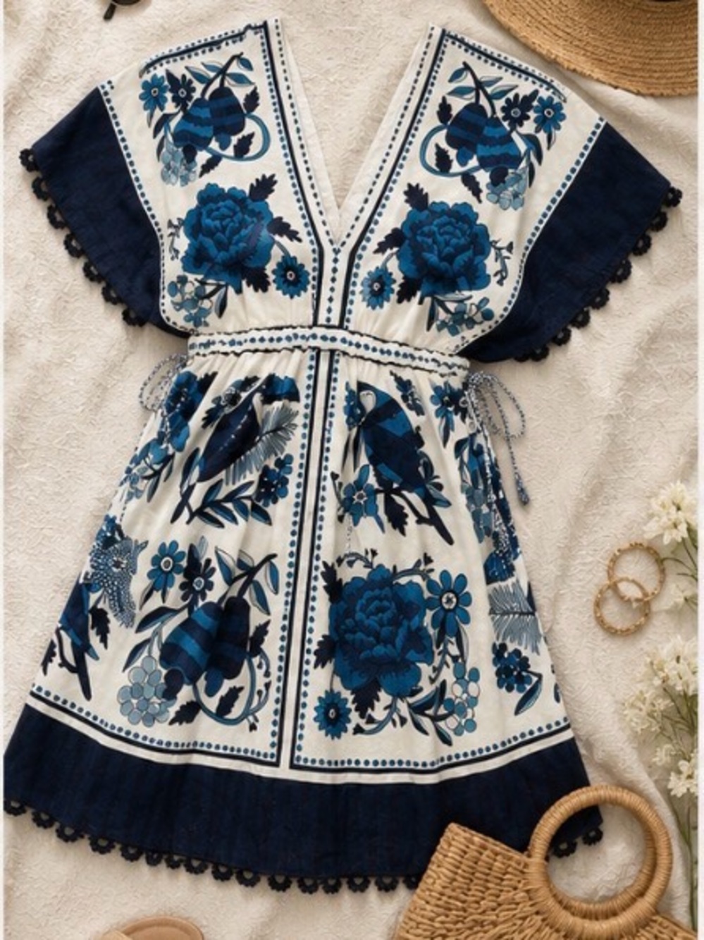 Farm Rio tropical blue white bird floral block print mini dress tassels Resort M - Picture 8 of 9